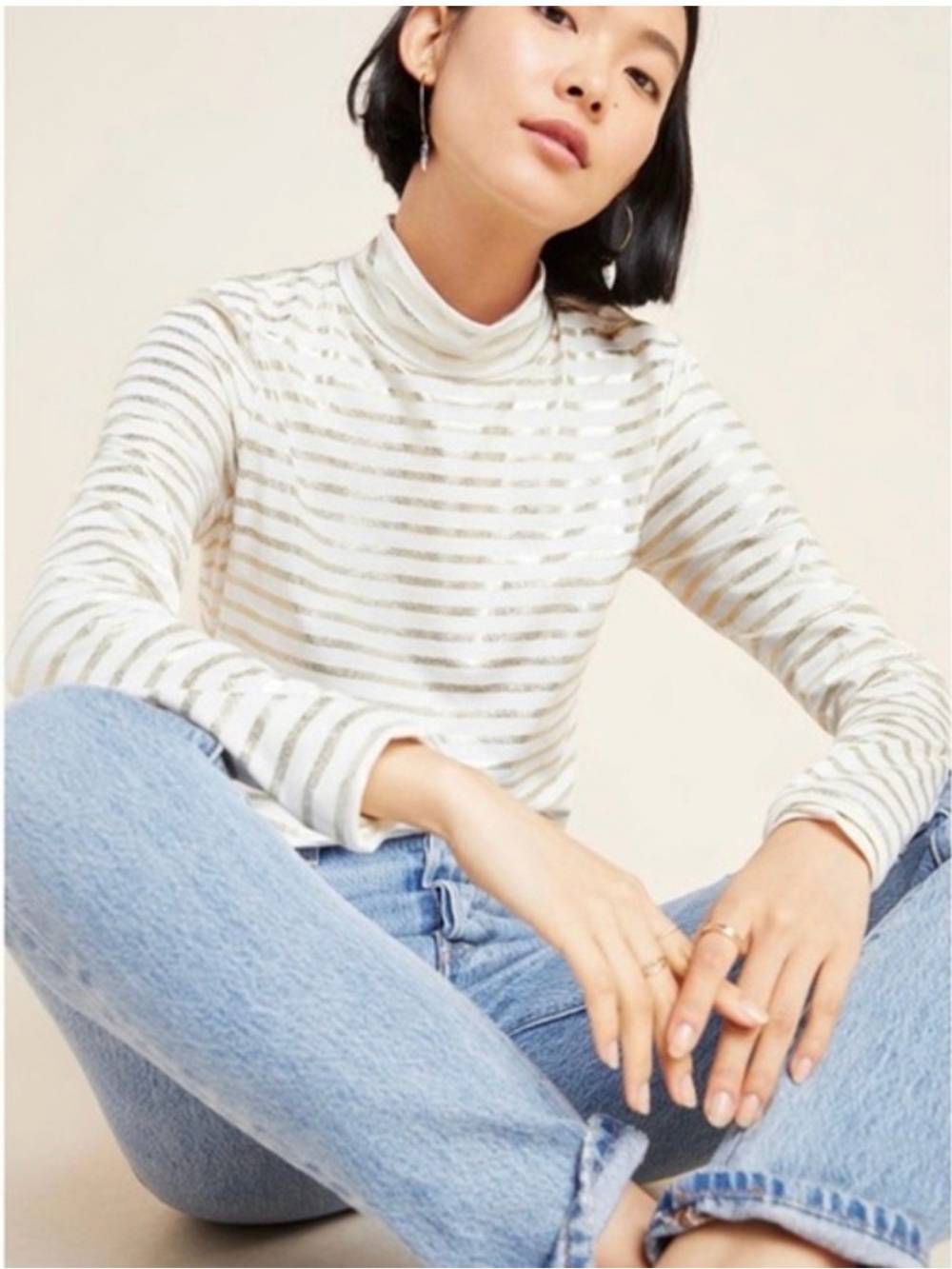 🦄 Anthropologie Maeve - Striped White and Gold Turtleneck Long Sleeve